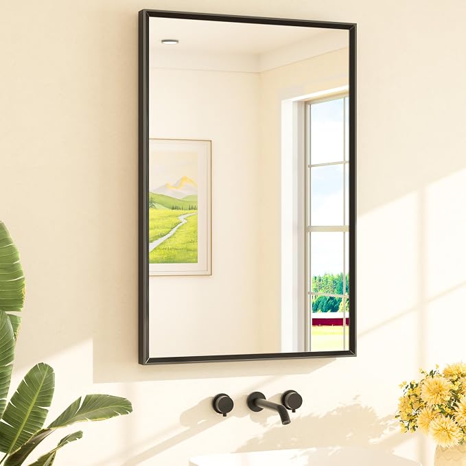 Black Mirror for Bathroom Sink 24" x 36" Matte Black Beveled Metal Frame Bathroom Vanity Rectangle Mirror for Wall, Modern Farmhouse, Tempered Glass, Shatterproof, Stronger Frame