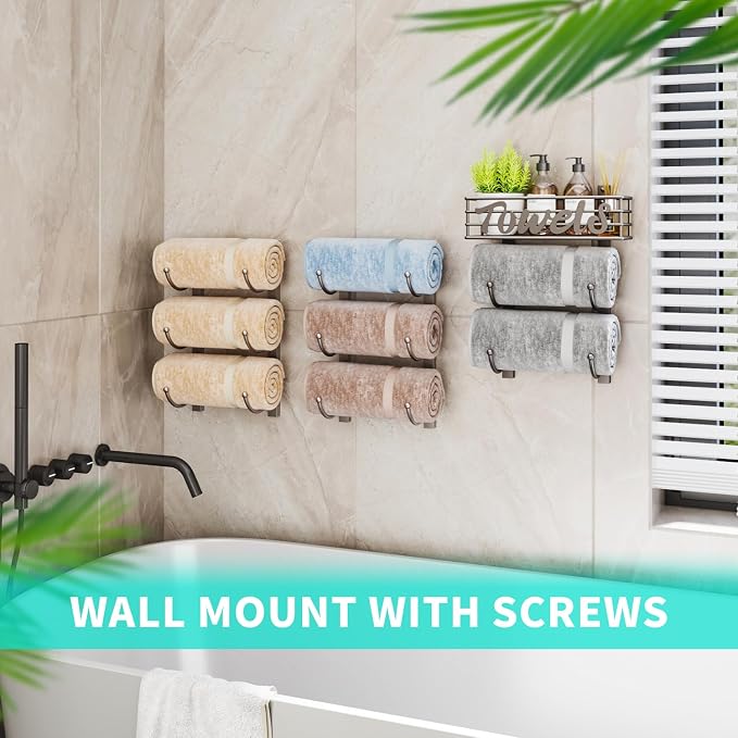 HapiRm Towel Racks for Bathroom Storage - 9 Tier Over The Door & Wall Mount Rolled Towel Storage Organizer Holder with Metal Shelf Basket for Small Bathroom, Camper, Rv - Patented