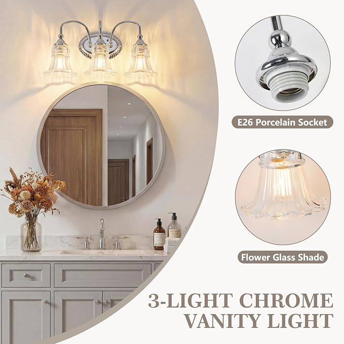 3-Light Vintage Bathroom Light Fixtures, Chrome | Vanity Lights Over Mirror with Floral Glass Shade for Bathroom Powder Room, Living Room Hallway