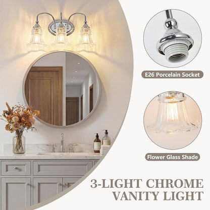 3-Light Vintage Bathroom Light Fixtures, Chrome | Vanity Lights Over Mirror with Floral Glass Shade for Bathroom Powder Room, Living Room Hallway