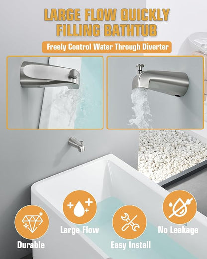 Tub Spout with Diverter, Slip On Bathtub Spout Fits 1/2'' Copper Tube(5/8'' Dia), Bathroom Tub Faucet with PTFE Tape & Hex Wrench, Brushed Nickel