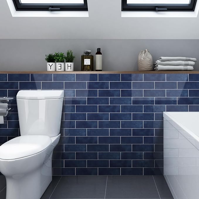 Tilingview 30 PCS Peel and Stick Backsplash Tile for Kitchen/Bathroom/Living Room, 3"x 9" Self-Adhesive Subway Tile for Backsplash, Imitation Glazed Tiles/Handmade Tiles (Glossy Navy Blue)