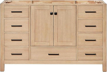 ARIEL Cambridge 54-inch Bathroom Vanity Base Cabinet,Solid Wood, 2 Soft Closing Doors, 9 Dovetail Drawers, White Oak