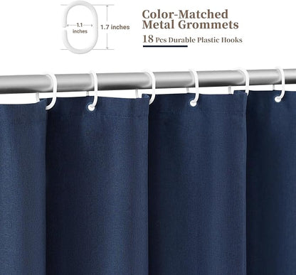 BTTN 108x72 Boho Scalloped Linen Textured Cloth Shower Curtain, Navy Blue | Extra Wide Size, 230GSM Waterproof Polyester, Heavy Duty Fabric, 18 Plastic Hooks, Modern Farmhouse Style, Machine Washable
