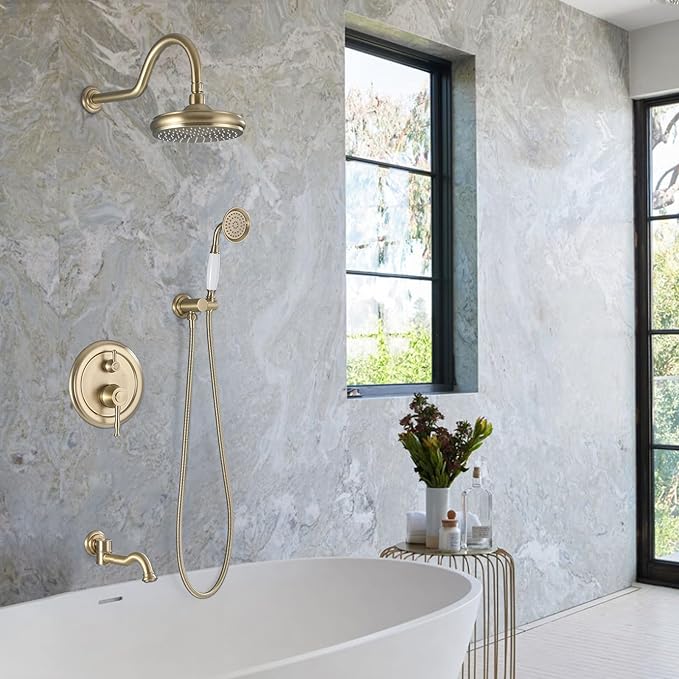 Rainfall Shower System with Handheld Sprayer,Brushed Gold Antique Shower Faucet Sets,Shower Fixture Combo with Brass Pressure Balance Valve,Complete Shower System Kit with Foldable Tub Spout