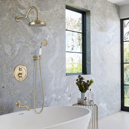 Rainfall Shower System with Handheld Sprayer,Brushed Gold Antique Shower Faucet Sets,Shower Fixture Combo with Brass Pressure Balance Valve,Complete Shower System Kit with Foldable Tub Spout