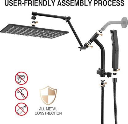 All Metal 12 Inch Rain Shower Head with Handheld Built-in Power Wash Mode, High Pressure Waterfall Rainfall Square Shower Heads with 16" Adjustable Extension Arm, Dual Showerhead, Matte Black