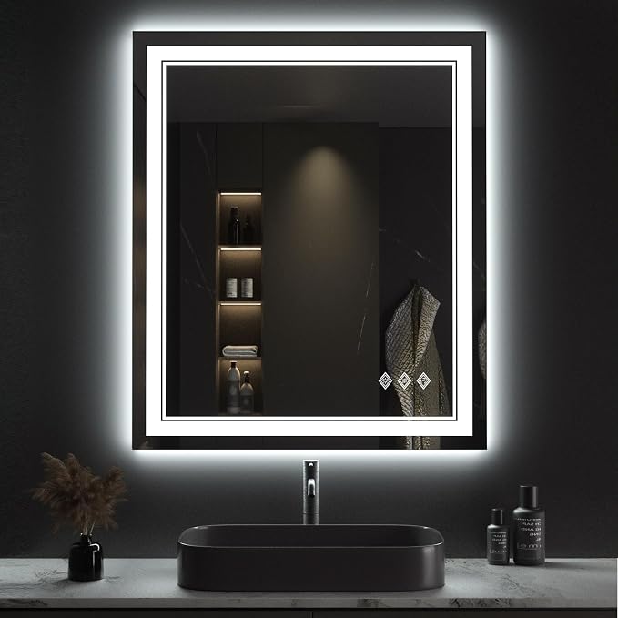 Lighted Mirror, 30x36 Inch Gradient Front and Backlit LED Mirror, 3 Colors Dimmable CRI>90 Double Lights, IP54 Enhanced Anti-Fog, Hanging Plates Wall Mount LED Bathroom Mirror