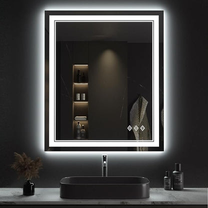 Lighted Mirror, 30x36 Inch Gradient Front and Backlit LED Mirror, 3 Colors Dimmable CRI>90 Double Lights, IP54 Enhanced Anti-Fog, Hanging Plates Wall Mount LED Bathroom Mirror