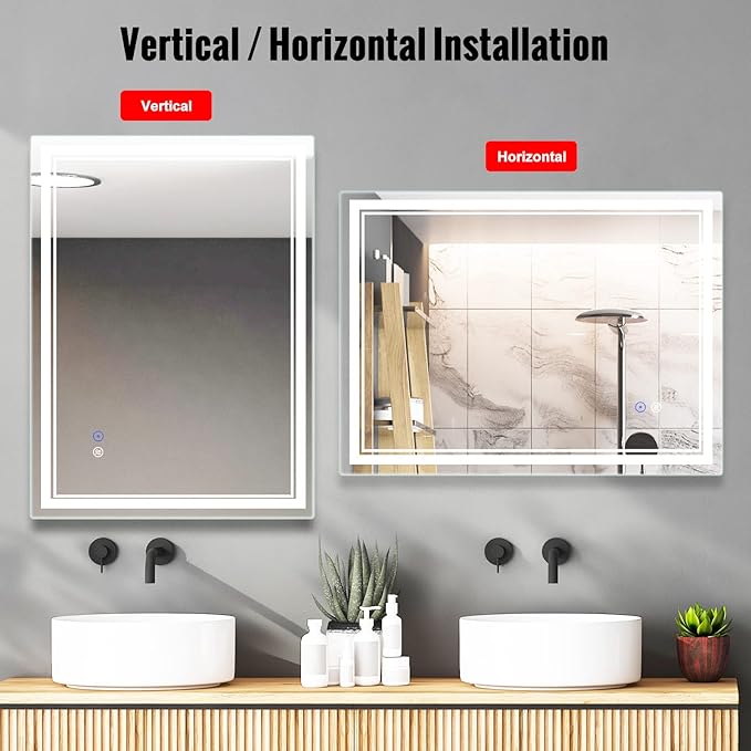 SaniteModar Bathroom Mirror with Lights 48x36 in, Led Mirror for Bathroom, Led Bathroom Mirror, 3 Color Dimmable, Anti Fog, Touch Button, CRI90+, Horizontal/Vertical