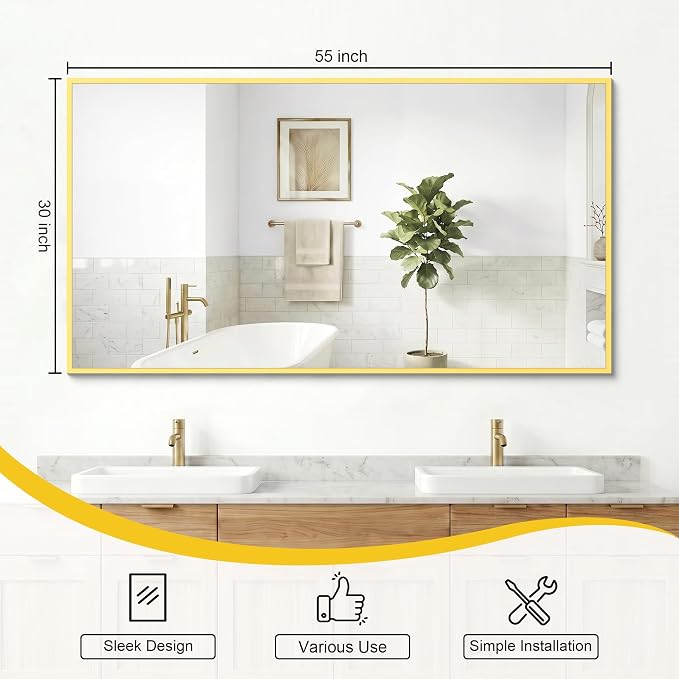Bathroom Mirror for Wall, 55"x30" Gold Vanity Mirror | Sturdy Rectangular Metal Frame, HD Tempered Glass, Hangs Horizontally or Vertically in Bedroom, Living Room, Entryway