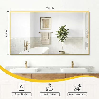 Bathroom Mirror for Wall, 55"x30" Gold Vanity Mirror | Sturdy Rectangular Metal Frame, HD Tempered Glass, Hangs Horizontally or Vertically in Bedroom, Living Room, Entryway