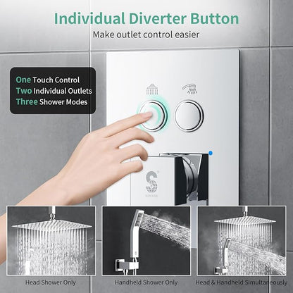 SR SUN RISE Ceiling Mounted Shower System with Push Button Diverter, Luxury 12 Inch Rain Shower Head with Handheld Spray, High Pressure Shower Faucet Combo Set with Rough-in Valve, Polished Chrome