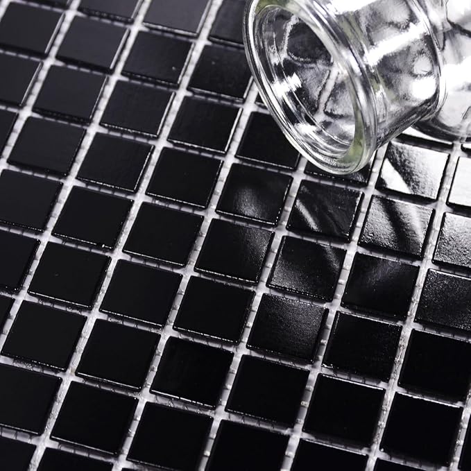11.5 sq.ft Black Glass Mosaic Tile for Bathroom, Swimming Pool, Backsplash | Waterproof Wall & Floor Tile. Heat & frost resistant outdoors. Mesh-mounted easy install. Use any grout. Easy clean. 10pcs.