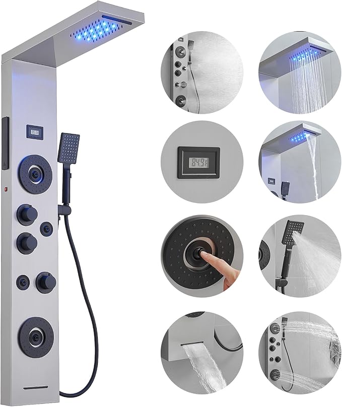 BWE Stainless Steel Shower Panel Tower System,LED Rainfall Waterfall Shower Head,4 Massage Body Jets,3 Functions Handhels Shower and Waterfall Tub Spout,Wall Mounted Shower Panel with Temp Display