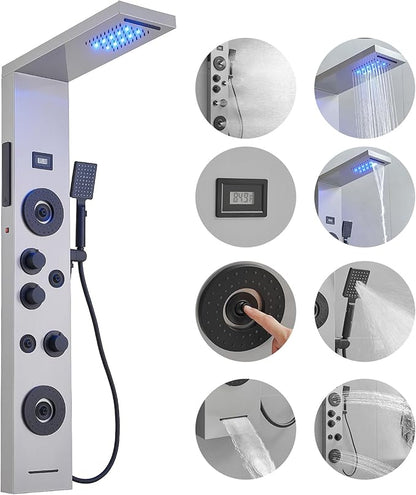 BWE Stainless Steel Shower Panel Tower System,LED Rainfall Waterfall Shower Head,4 Massage Body Jets,3 Functions Handhels Shower and Waterfall Tub Spout,Wall Mounted Shower Panel with Temp Display