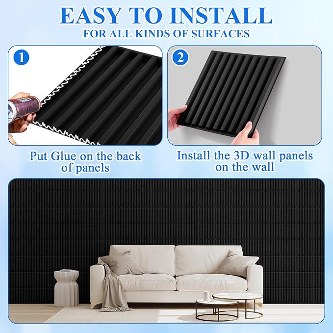Nuanchu 90 Pcs 3D Wall Panels, 12"x12" PVC Fluted Tiles, Black | Waterproof Accent Panels, Paintable Wall Tiles, for TV Background, Bedroom, Bathroom, Gaming Room, Cuttable Home DIY Decor