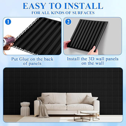 Nuanchu 90 Pcs 3D Wall Panels, 12"x12" PVC Fluted Tiles, Black | Waterproof Accent Panels, Paintable Wall Tiles, for TV Background, Bedroom, Bathroom, Gaming Room, Cuttable Home DIY Decor