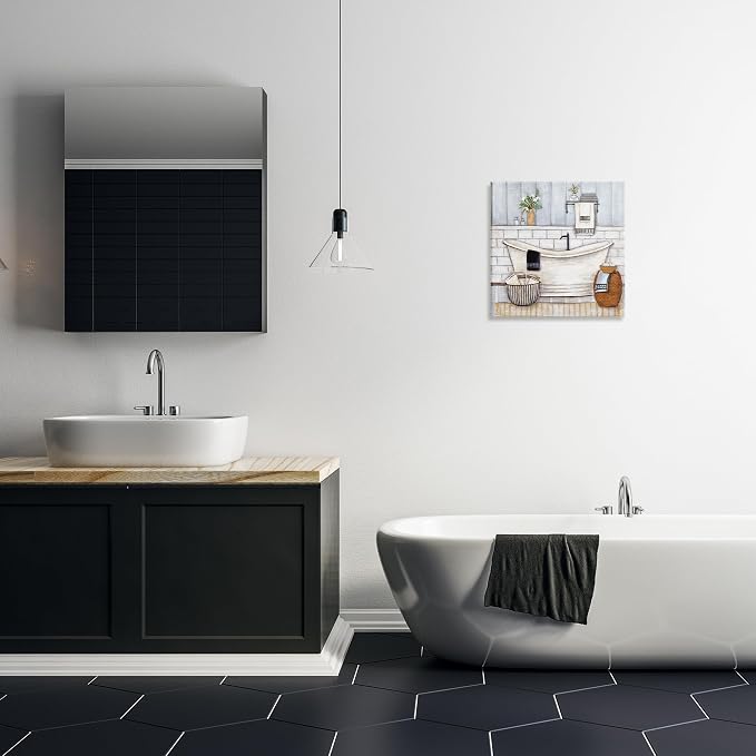 Bathroom Farmhouse Tub Floral, 17 x 17 Inch Canvas Wall Art | Stupell Industries · By Yellow Cafe · Ready to hang · Charming bath and laundry decor · Made in USA