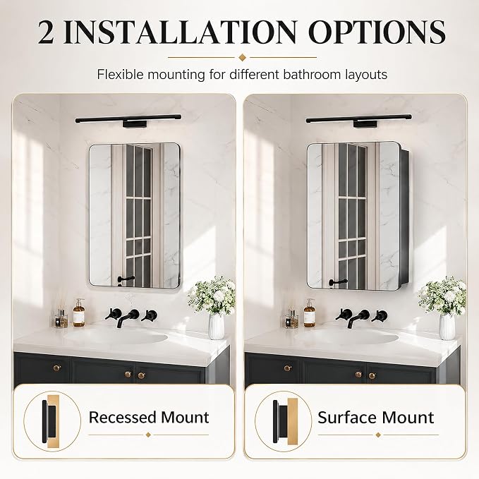 24x30 Black Medicine Cabinet Mirror, Recessed or Surface Mount | Built-in makeup organizer with lipstick slots, Brush holders and inner mirror; 3 adjustable shelves; Rustproof aluminum