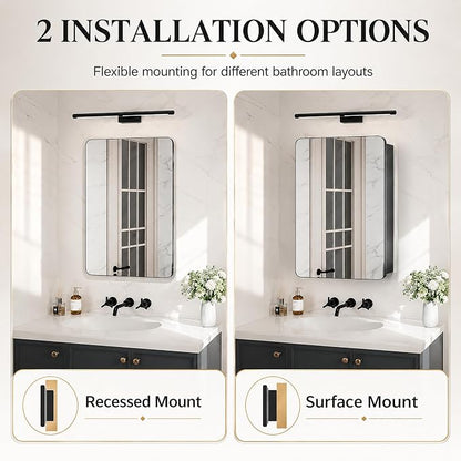 24x30 Black Medicine Cabinet Mirror, Recessed or Surface Mount | Built-in makeup organizer with lipstick slots, Brush holders and inner mirror; 3 adjustable shelves; Rustproof aluminum