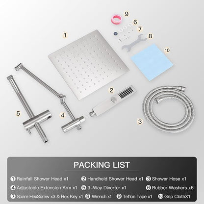 All Metal 10" Shower Head with Handheld, Built-in Power Jet Mode | Luxurious, Square, Rain Shower Heads with Spray Combo Set, High Pressure, Dual, Rainfall, with Extension Arm, Brushed Nickel