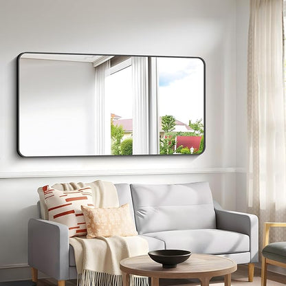 BONEWEI 30x60 inch Bathroom Mirror,Black Rectangle Mirror,Wall Mounted Bathroom Frame Vanity Mirror with Round Corner for Bedroom Living Room, Entryway Hangs Horizontal or Vertical