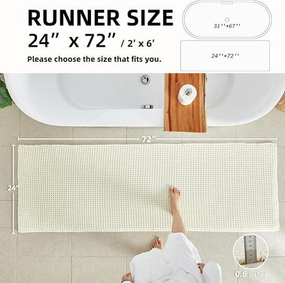 TYUU Cream White Waffle Runner Rug Bathroom, Long Boho Bath Mat, 72x24 | Super Absorbent Quick Dry Bath Rug, Non-Slip Backing, Soft Waffle Washable Farmhouse Bathroom Mats, Tub, Shower & Home Decor