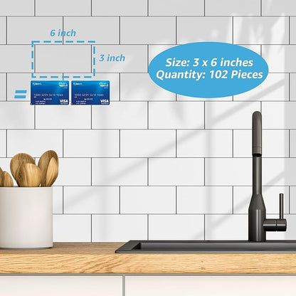 Art3d 102-Pack Peel and Stick Backsplash on Subway Tile, Glossy White | 3 x 6 in, PVC, Self Adhesive, Waterproof, Traceless Peel, Modular Splicing, Ideal for Vanities, Bathrooms
