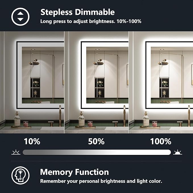 40x30 LED Bathroom Mirror with Lights, Black Framed Lighted Mirror | Backlit and Front Light, Anti-Fog, 3 Color Dimmable, Memory, Tempered Glass, IP54 Waterproof, UL Listed