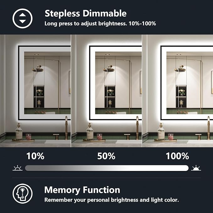 24x30 LED Bathroom Mirror with Lights, Black Framed Lighted Mirror | Backlit and Front Light, Anti-Fog, 3 Color Dimmable, Memory, Tempered Glass, IP54 Waterproof, UL Listed