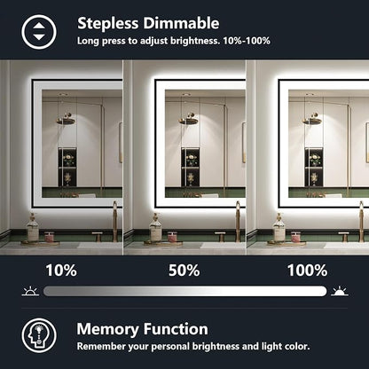 24x30 LED Bathroom Mirror with Lights, Black Framed Lighted Mirror | Backlit and Front Light, Anti-Fog, 3 Color Dimmable, Memory, Tempered Glass, IP54 Waterproof, UL Listed
