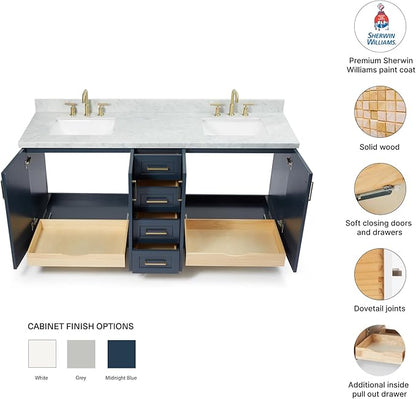 DKB Emilia 72 Inch Bathroom Vanity Double Sink — Midnight Blue Bathroom Vanity with Sink, 1.5" Edge Italian Carrara Marble Countertop & Backsplash, 4 Soft-Close Doors, and 6 Dovetail Drawers