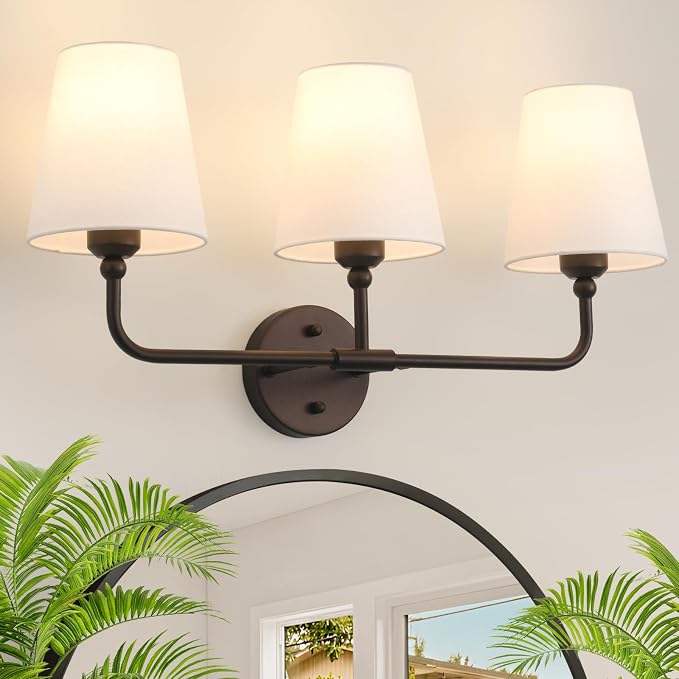 Bathroom Light Fixtures, 3-Light Oil Rubbed Bronze Vanity Lights, 25" Bathroom Lighting Fixtures Over Mirror with White Flared Fabric Shade, Modern Wall Sconces for Bathroom Living Room Hallway