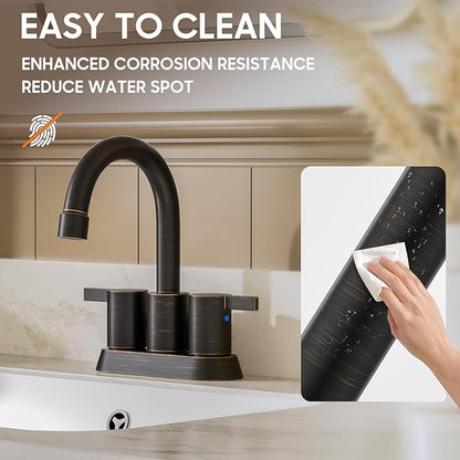 Phiestina 2 or 3 Holes Oil Rubbed Bronze 4 Inch 2 Handle Centerset Lead-Free Bathroom Sink Faucet, 360 Degree Swivel Spout with Copper Pop Up Drain and 2 Water Supply Lines, BF015-1-ORB