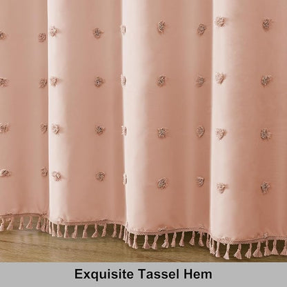 LilyCat Pink Farmhouse Tufted Floral Shower Curtain with Tassel, 72" x 72" | Waterproof Boho Fabric Shower Curtain Set with Hooks, Cute Rustic Vintage Bathroom Décor, Minimalist Cloth Bathroom Curtain