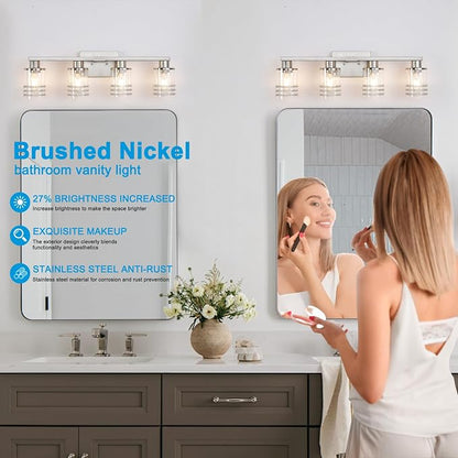 YYT Brushed Nicekl Bathroom Light Fixtures 4 Light Bathroom Vanity Light Brushed Nicekl Vanity Lights for Bathroom with Clear Glass Shade