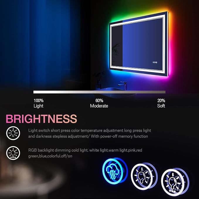 40x24 Inch RGB LED Bathroom Mirror with Lights | Front and RGB Backlit, Dimmable, Memory, Anti Fog, Shatterproof, Horizontal/Vertical, Lighted Mirrors for Bathroom Wall