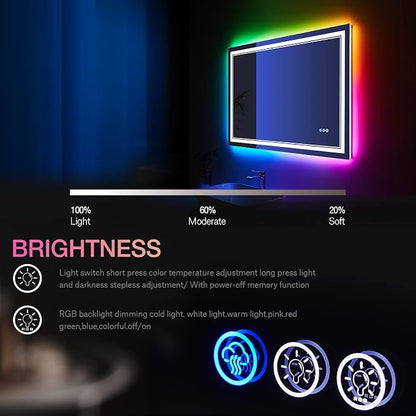 40x24 Inch RGB LED Bathroom Mirror with Lights | Front and RGB Backlit, Dimmable, Memory, Anti Fog, Shatterproof, Horizontal/Vertical, Lighted Mirrors for Bathroom Wall