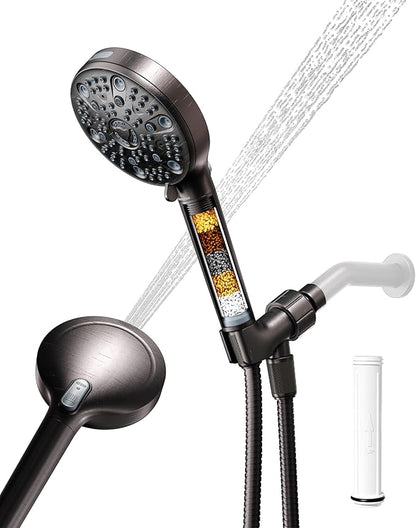 Filtered Handheld Shower Head for Hard Water, High Pressure Showerhead with 7 Spray Modes, Power Jet & Pause, Detachable & Adjustable for Healthier Skin & Hair - Oil Rubbed Bronze (VMASSTONE HM-003)