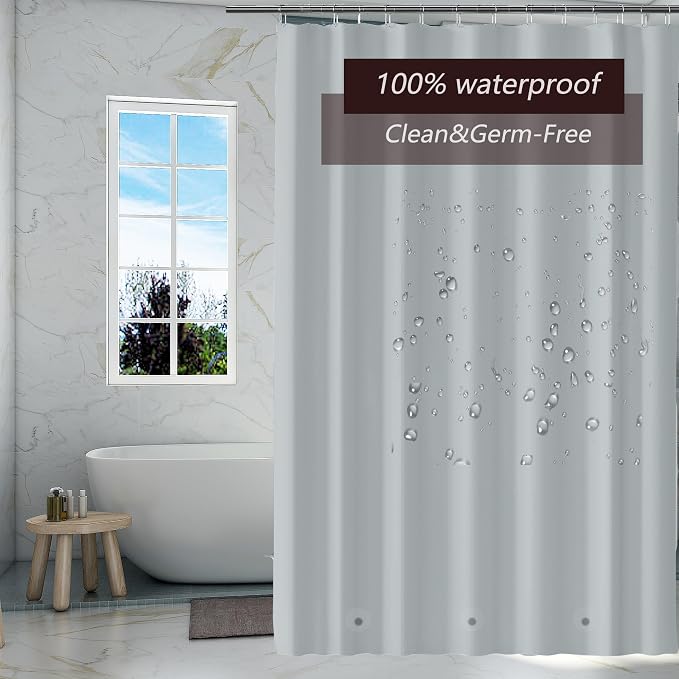 TIKABC Grey Shower Curtain Liner, 4G PEVA Shower Liner, Plastic Waterproof Shower Curtains, 72x72 inch with Grommet Holes 3 Magnetic Weights