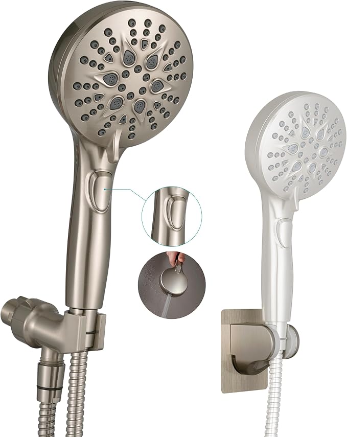 GwernKB Handheld Shower Head with ON OFF Switch & 79in Stainless Steel Hose | Built-in Power Spray,7-mode High Pressure Spray with Bracket & Extra No Drilling Shower Holder for Lower Mount,Brushed Nickel