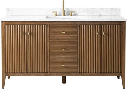 HOMEBEYOND 60" Bathroom Vanity with Single Sink, Solid Wood Bathroom Vanity Free-Standing Cabinet, Ceramic Top & Soft Closing Door, Golden Brushed Handware, Walnut