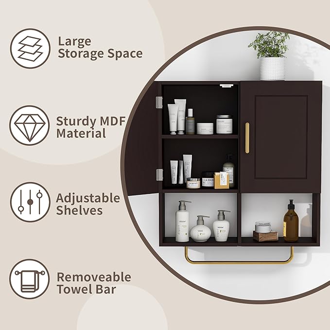 Wall Mounted Bathroom Storage Cabinet Medicine Cabinet with Adjustable Shelves & Towel Bar for Bathroom, Laundry Room, Bedroom, Enterway