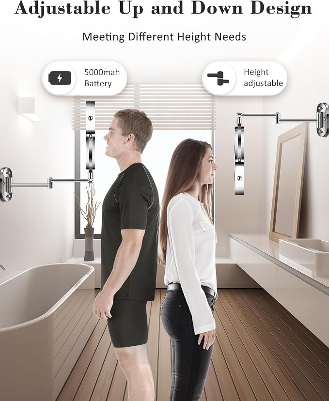 20X 9" Wall Mounted Magnifying Makeup Mirror with Light Height Adjustable | 5000mAh Double Sided Rechargeable LED Lighted Vanity Mirror with Magnification 3 Color Light up Extended Arm 360 Rotation