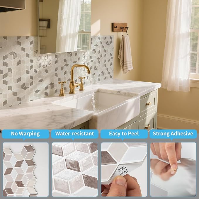 Art3d Peel and Stick Backsplash, 3D Hexagon Wall Tile, 10-Pack, Light Brown | 12 x 12 Inch, Enhanced Thickness, Water Resistant, Easy to Clean, Modern Cube Pattern, for Accent Walls, Furniture Revamps
