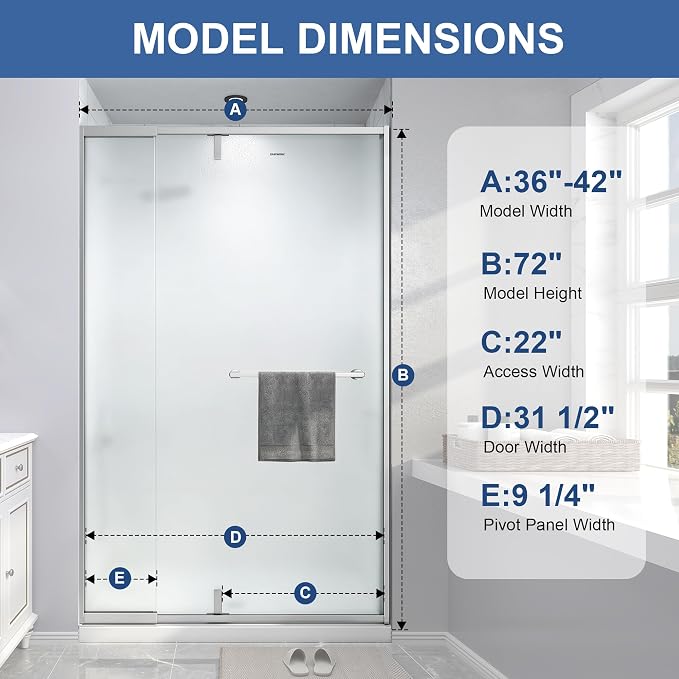 36-42" W x 72" H Frosted Pivot Shower Glass Door Brushed Nickel | 1/4"(6mm) SGCC Tempered Glass with Explosion-Proof Film &Nano Coating,Customizable Width
