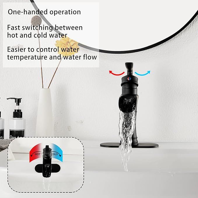 Waterfall Bathroom Faucet GGStudy Black Single Handle One Hole Farmhouse Matte Black Bathroom Vanity Faucet Basin Mixter Tap Deck Mount with Drain Assembly