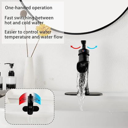 Waterfall Bathroom Faucet GGStudy Black Single Handle One Hole Farmhouse Matte Black Bathroom Vanity Faucet Basin Mixter Tap Deck Mount with Drain Assembly