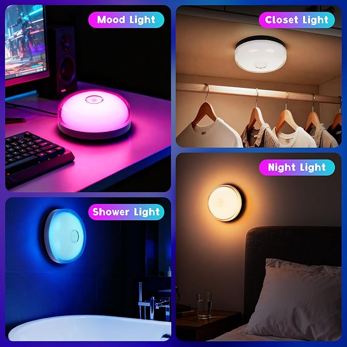 Rechargeable Shower Light for Inside Shower, 15 Color Changing Waterproof Lights for Shower Bathroom with Remote Timer Dimmable, Wireless Mood Lighting for Bathroom Closet Bedroom,Livingroom,2 Pack
